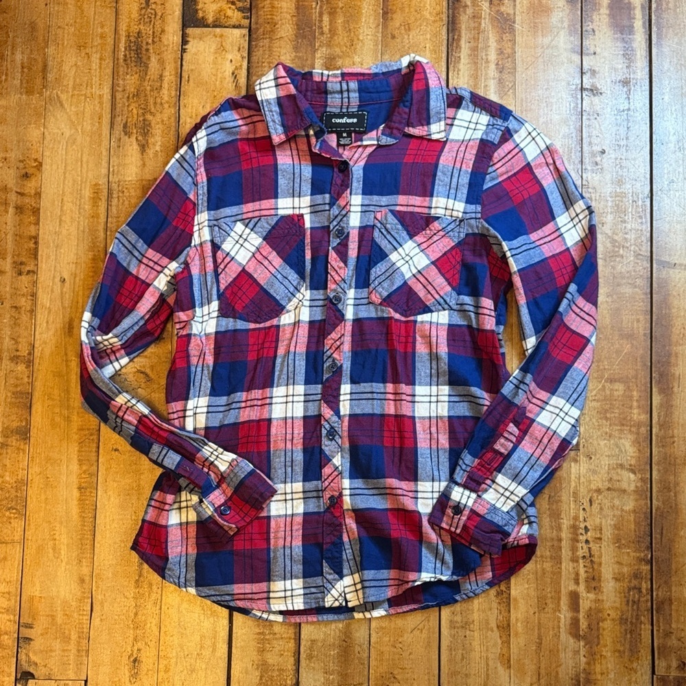Confess Red white and Blue Plaid Shirt medium womens button up flannel cotton